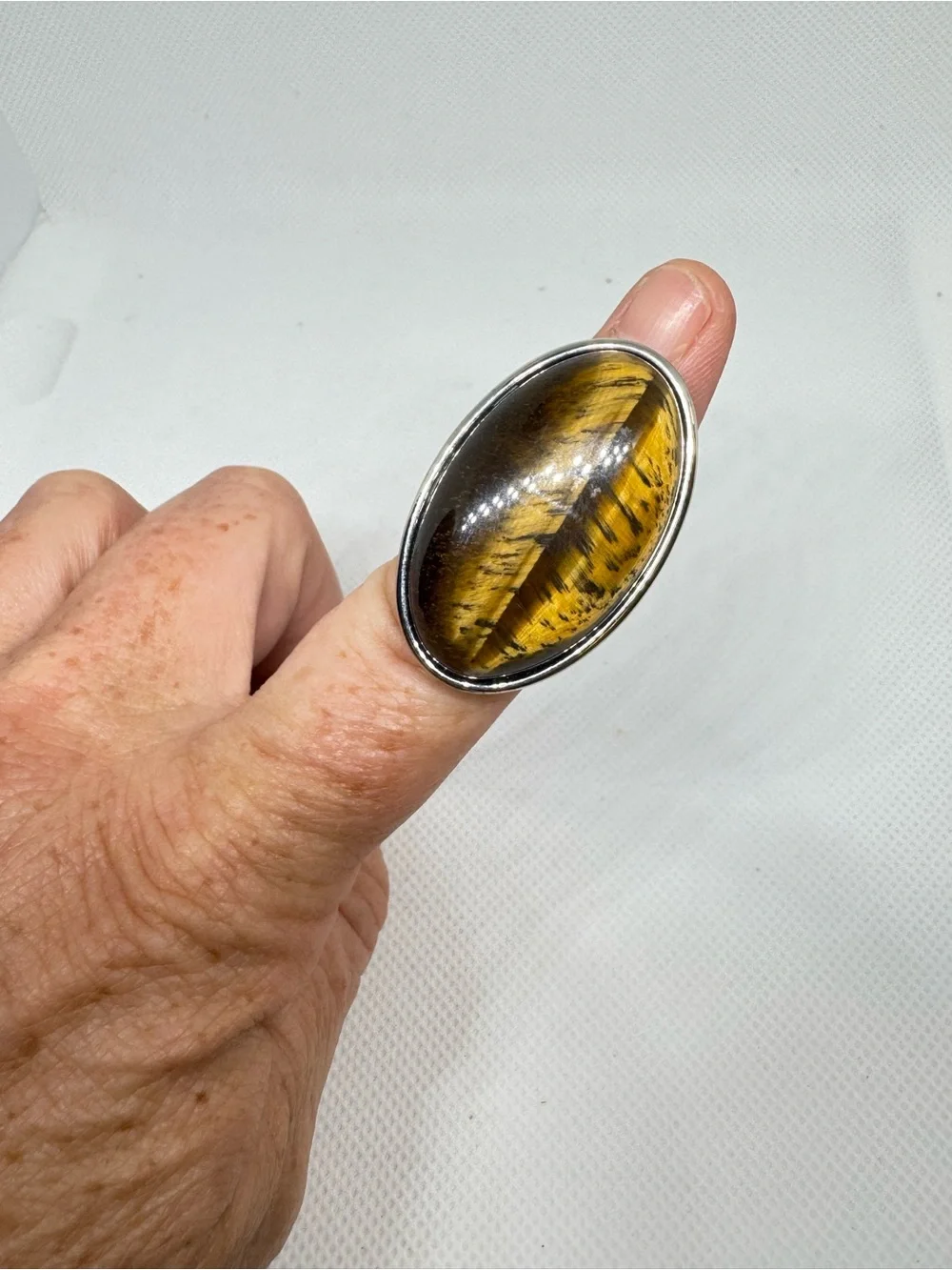 Large Genuine Tiger’s Eye Oval Statement Ring Silver Tone Size 6.5